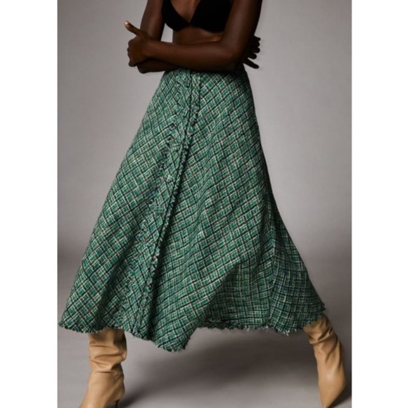 Zara Tweed High Waist Fringe Hem Button Dawn Flowy Midi skirt - Picture 9 of 12